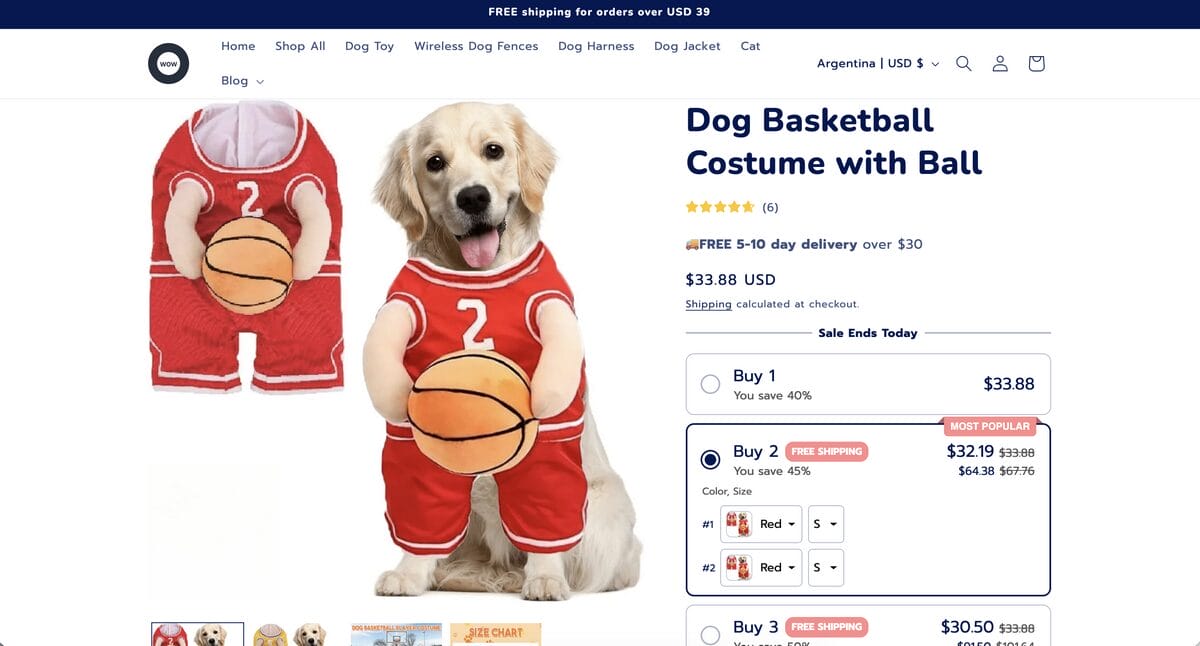 Basketball Dog Costume on seller's website, one of the best dropshipping products for August 2026