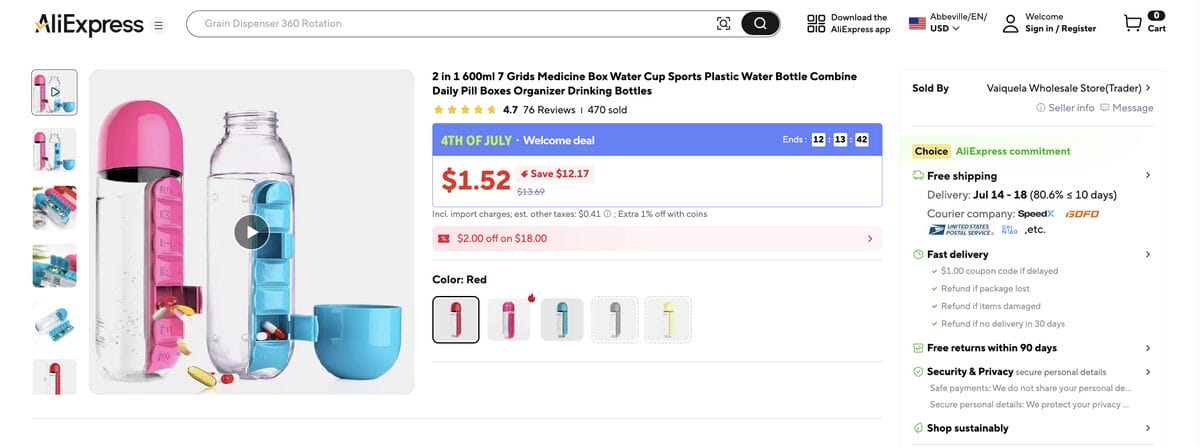 2-in-1 Pillbox Water Bottle on AliExpress, one of the best dropshipping products for August 2026