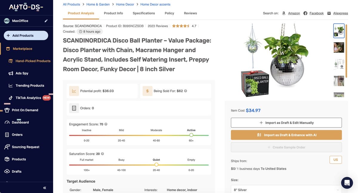 Disco Ball Plant Hanger on AutoDS, one of the best dropshipping products for August 2026