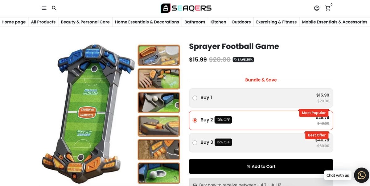 Water Spraying Table Football on a seller's website, one of the best dropshipping products for August 2026