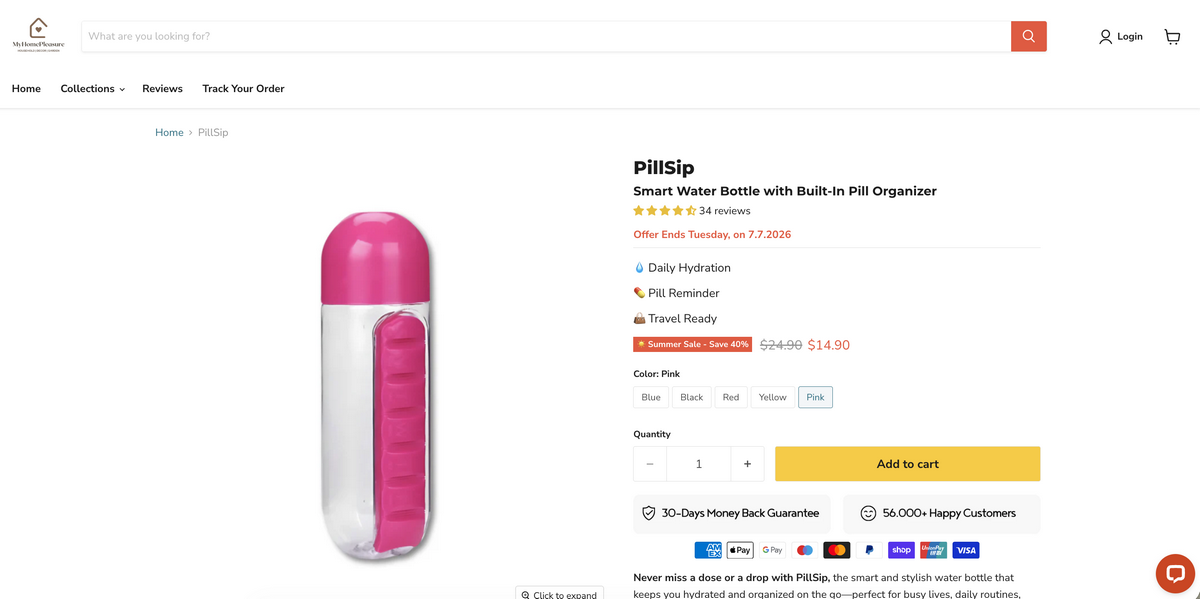2-in-1 Pillbox Water Bottle on seller's website, one of the best dropshipping products for August 2026