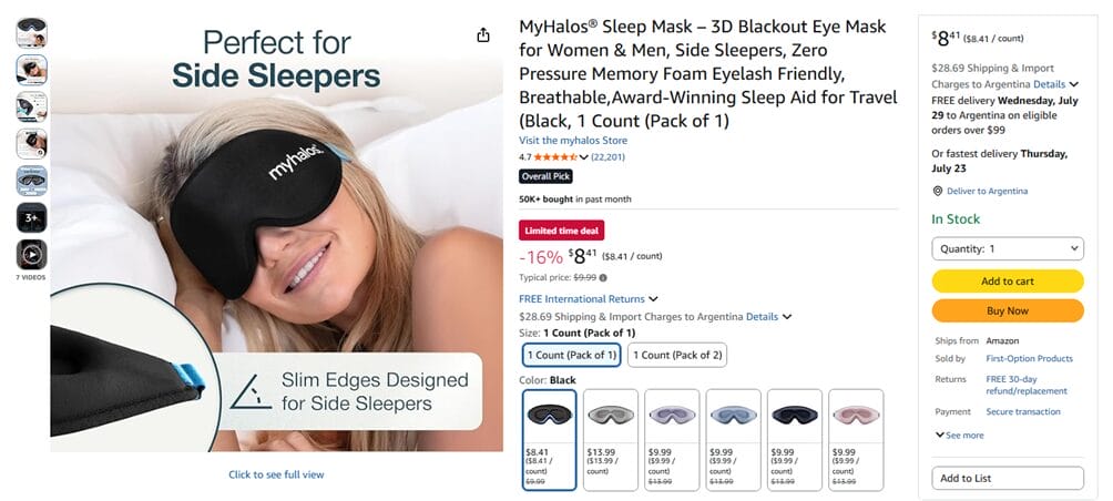 Sleep mask on Amazon as example of health and wellness dropshipping