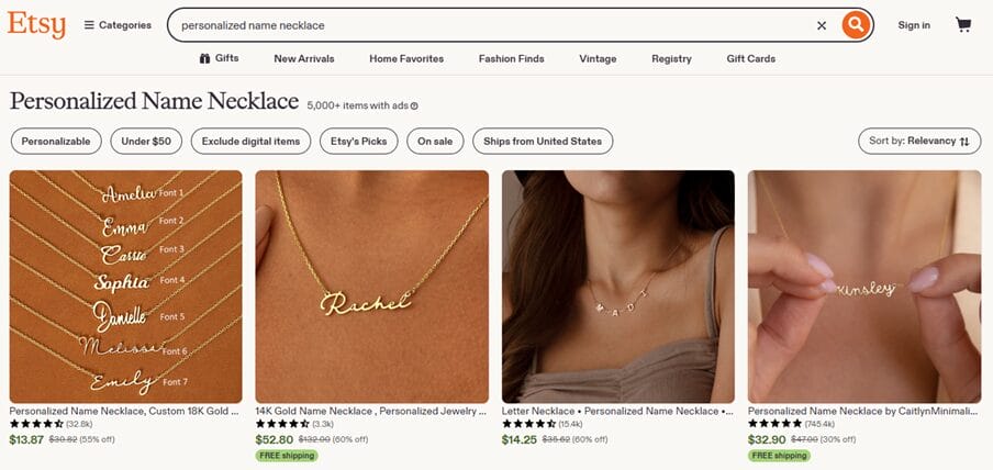 Personalized jewelry necklace for dropshipping on Etsy