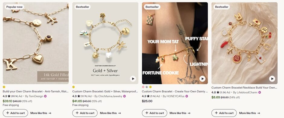 Charm bracelet and gift sets on Etsy jewelry products for dropshipping