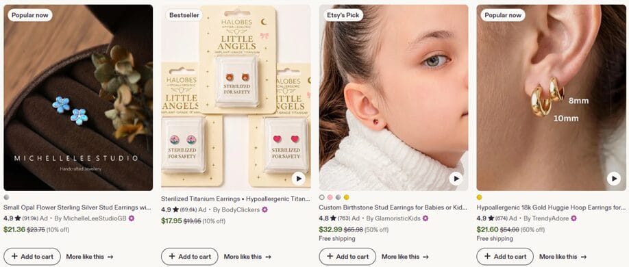 Hypoallergenic earrings for kids on Etsy for jewelry dropshipping