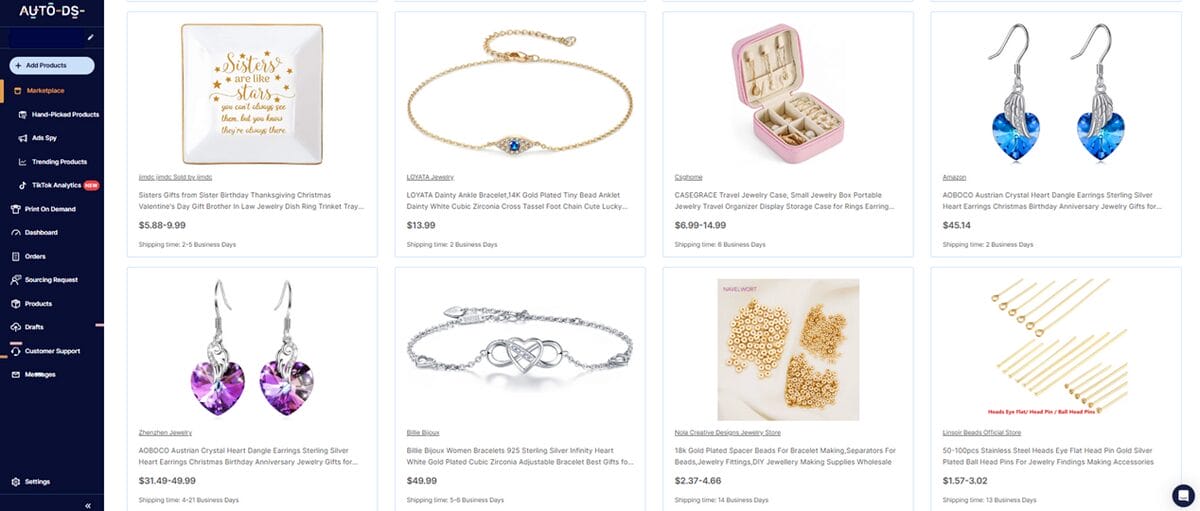AutoDS warehouse and private suppliers for jewelry dropshipping on Etsy