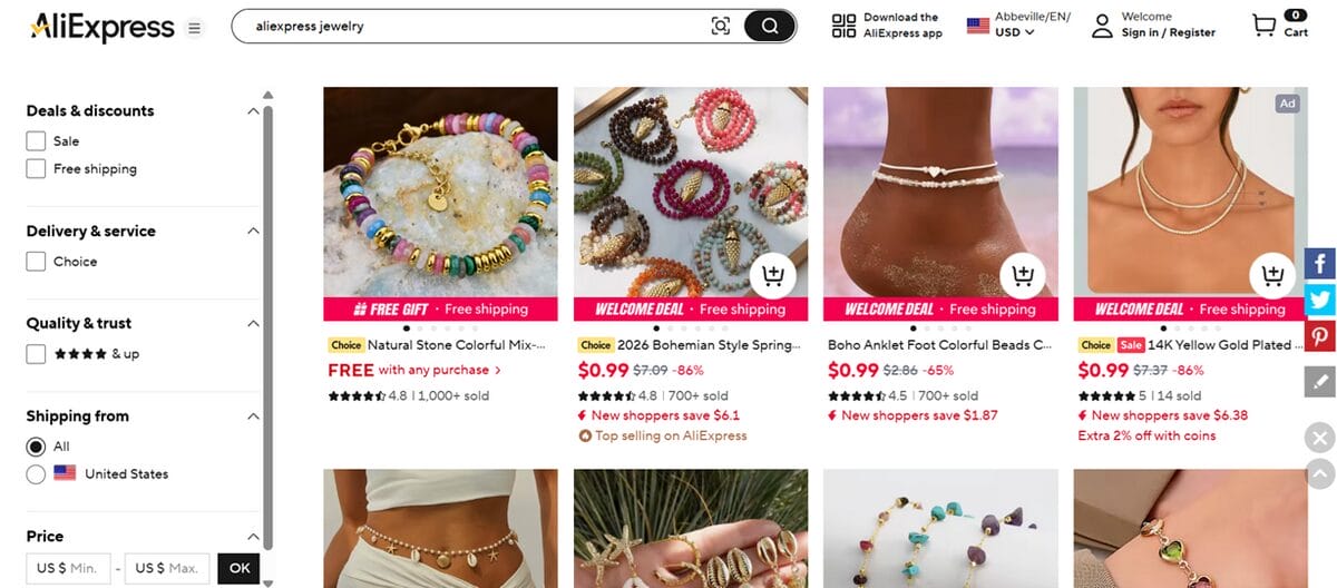 AlieExpress suppliers for jewelry dropshipping on Etsy