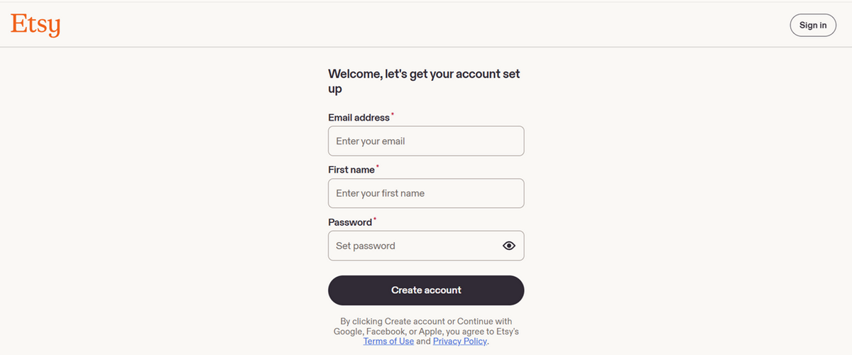 Etsy seller account registration