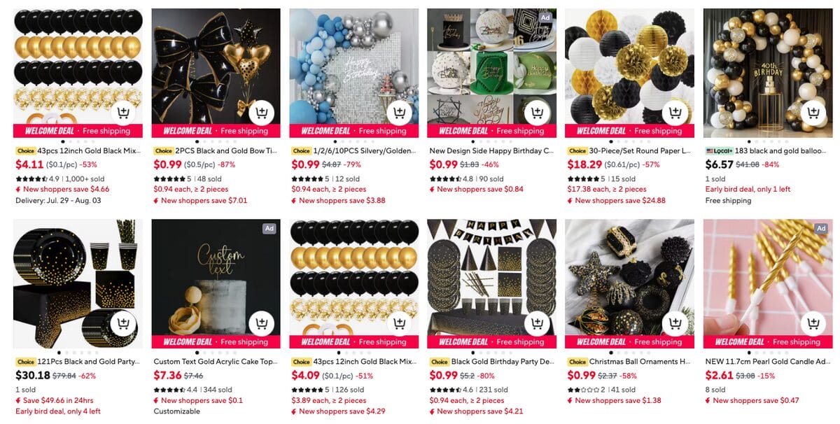 Black And Gold New Year’s Eve Party Kits, one of the best Q4 dropshipping products