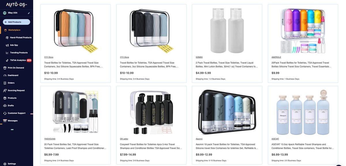 Travel Bottle Sets, one of the best Q4 dropshipping products