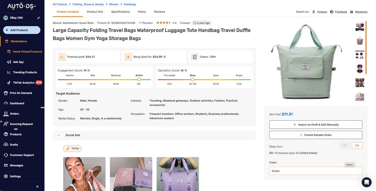 Waterproof Foldable Travel Bags, one of the best Q4 dropshipping products