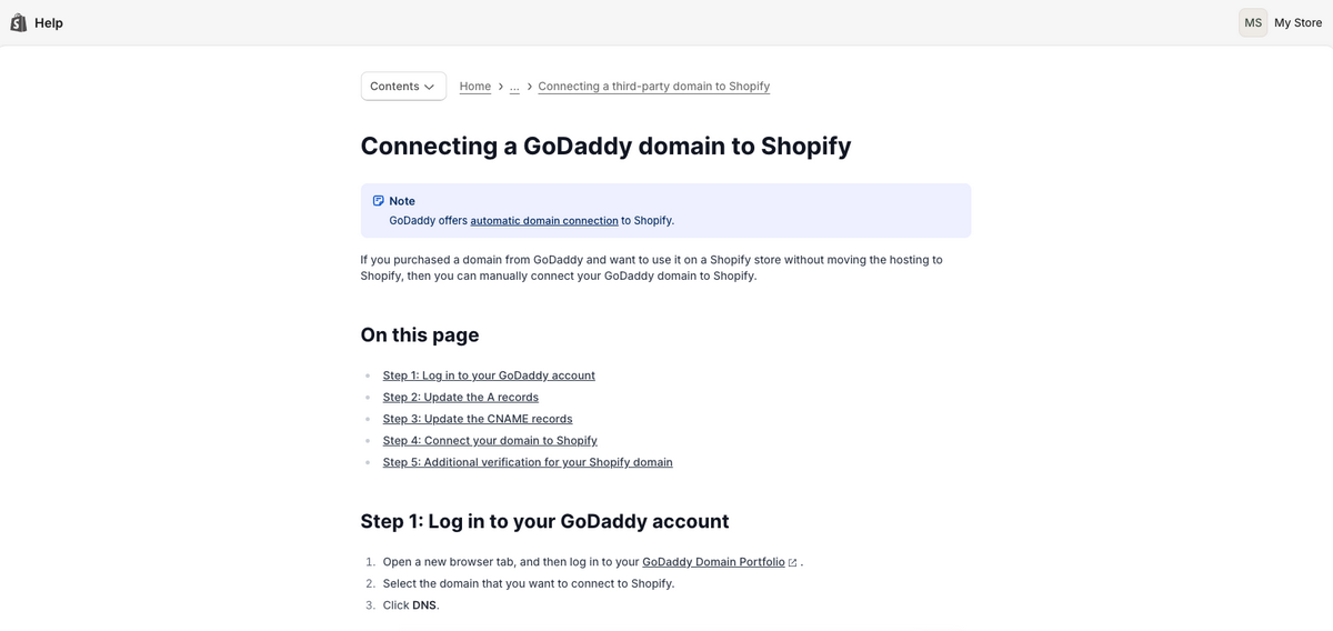 Shopify Help Center to connect GoDaddy domain