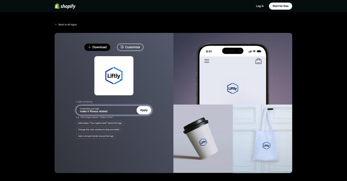 Shopify AI logo maker's customization features for dropshipping store