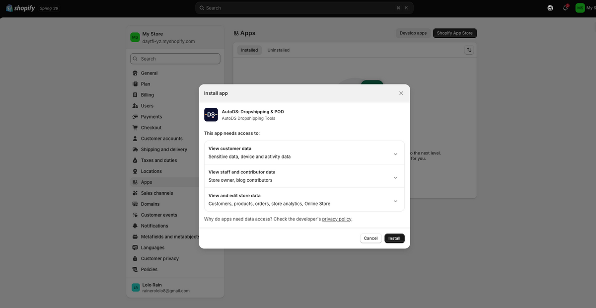 Install AutoDS's app for Shopify dropshipping