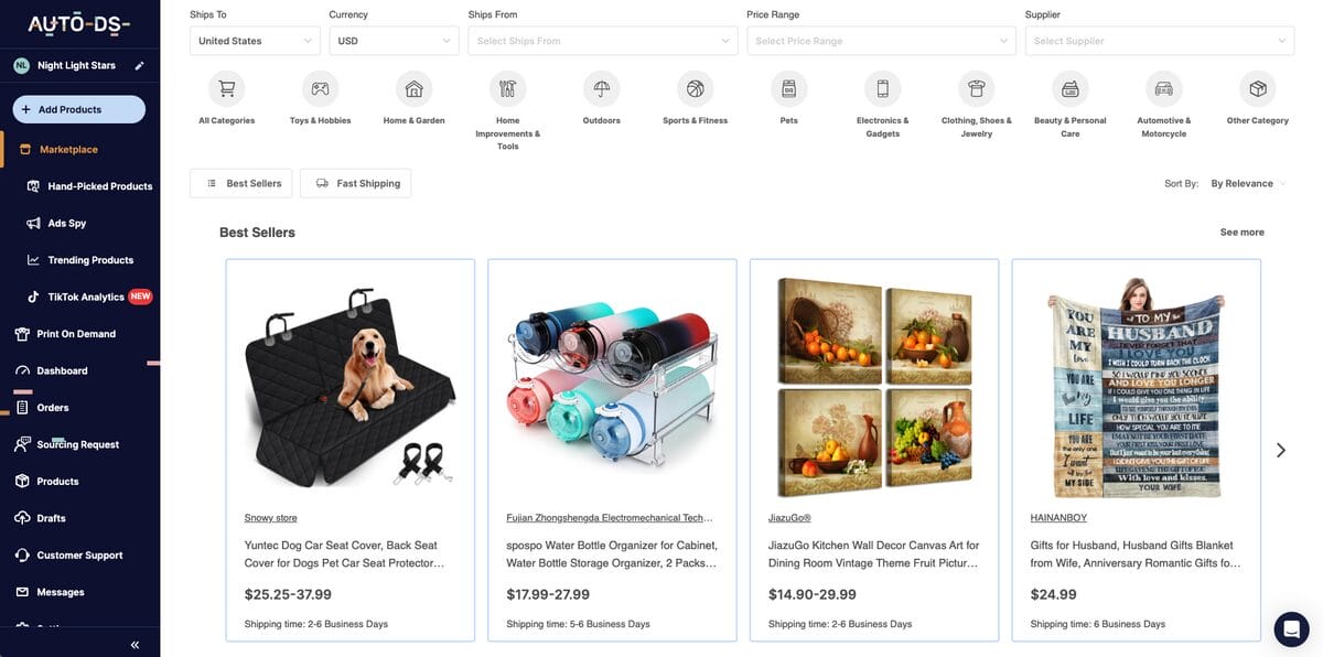 AutoDS's Marketplace for Shopify dropshipping