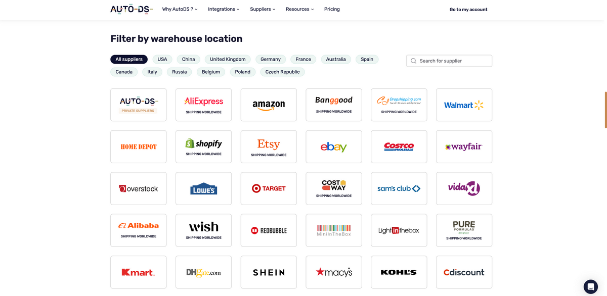 AutoDS's supported suppliers for Shopify dropshipping
