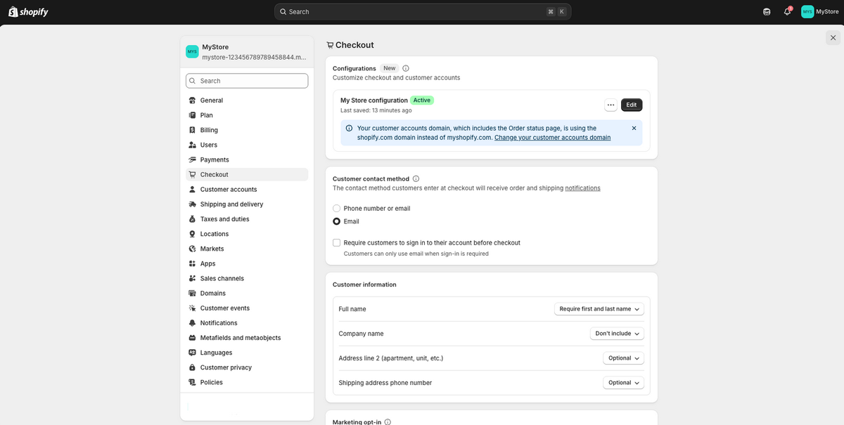 Shopify's checkout settings