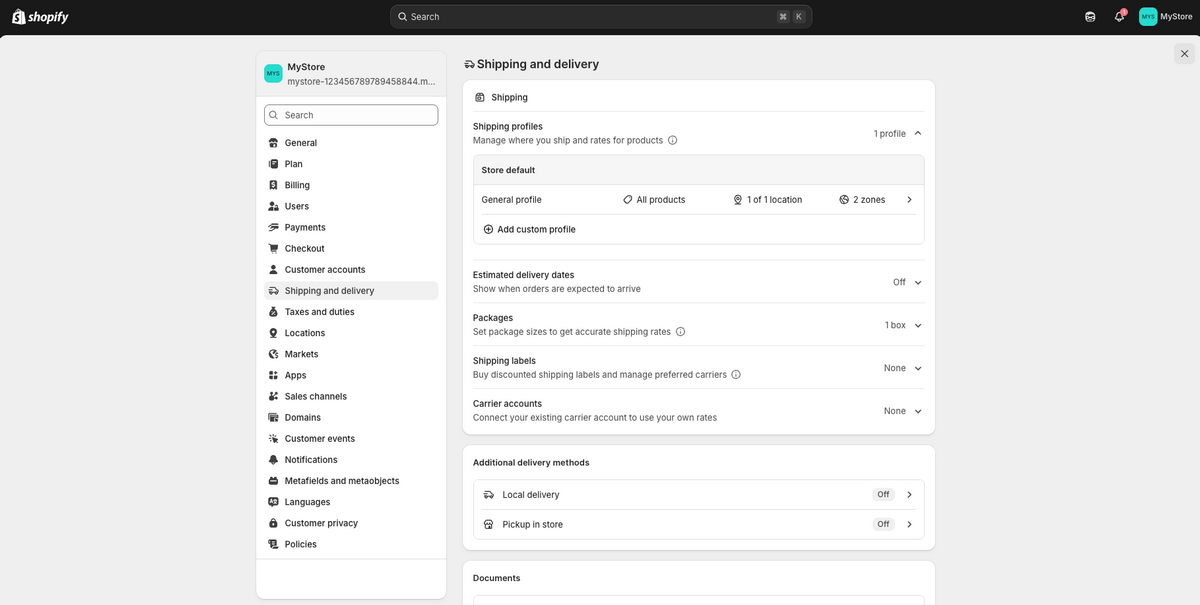 Shopify's shipping and delivery settings