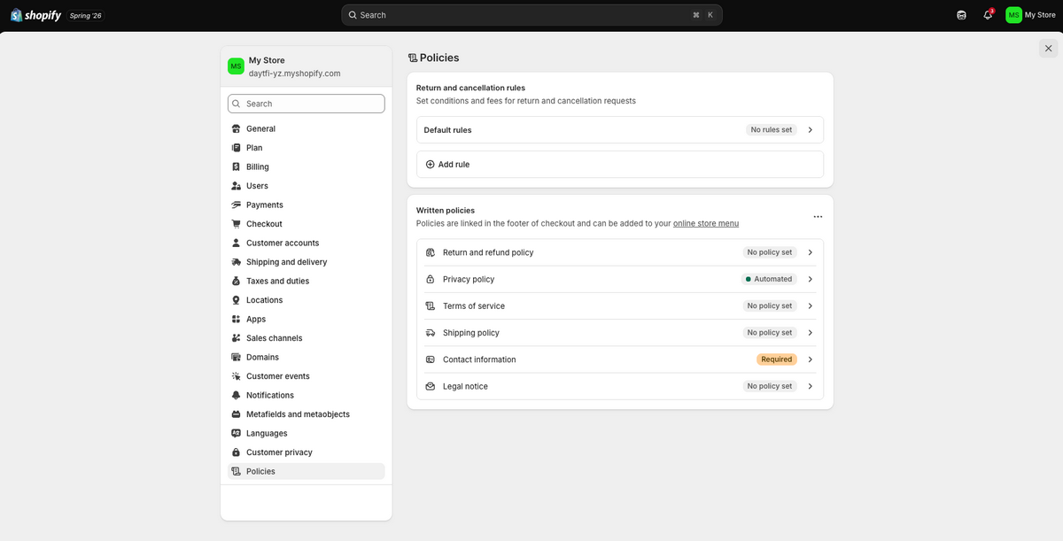 Shopify's policies settings