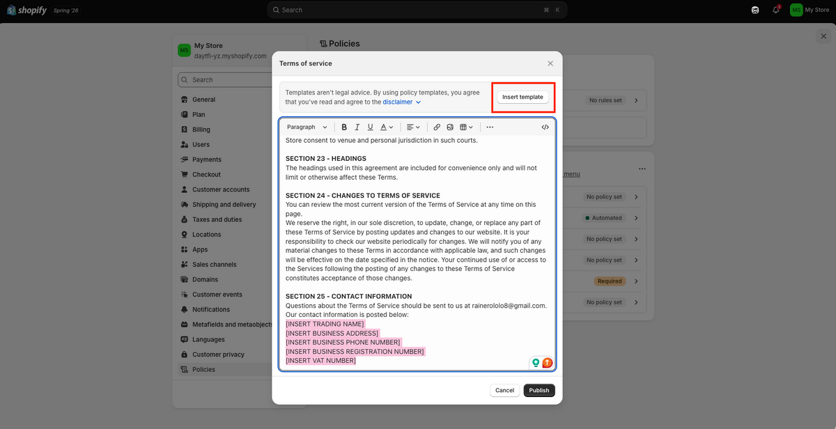 Shopify's policy templates