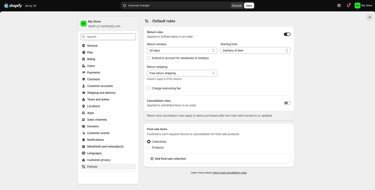 Shopify's return rules settings