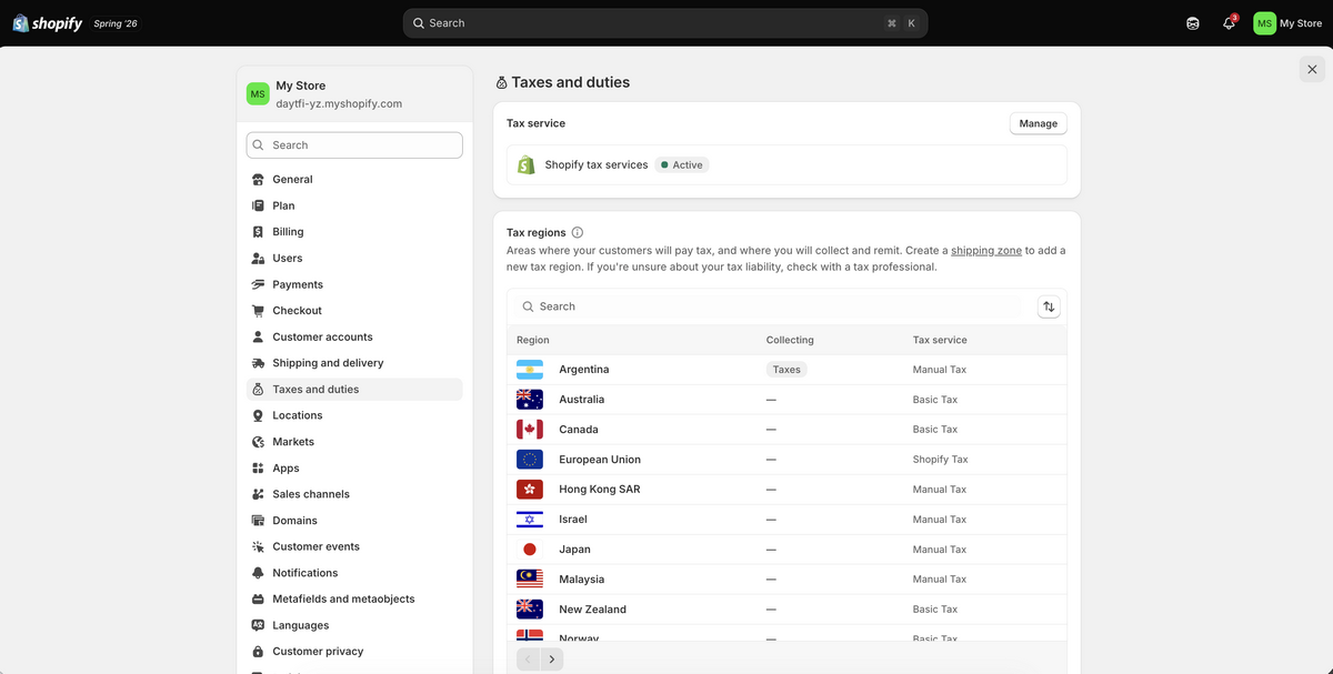 Shopify's taxes and duties settings