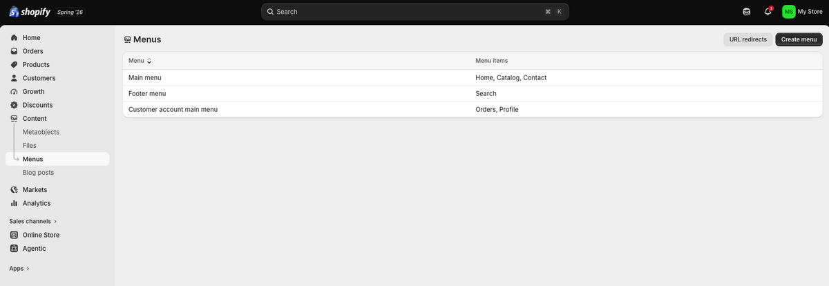 Shopify's menu settings