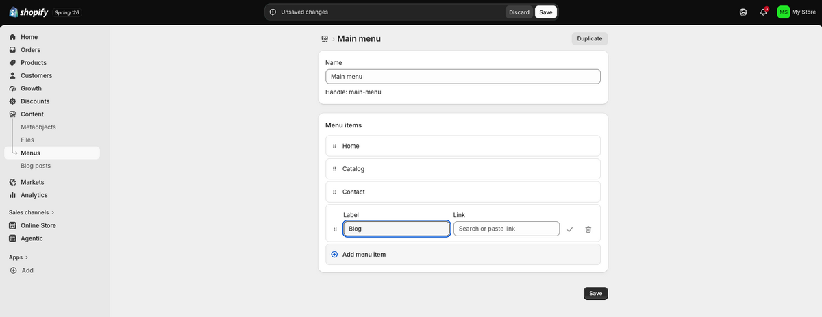 Shopify menu settings showing the option to add a menu item