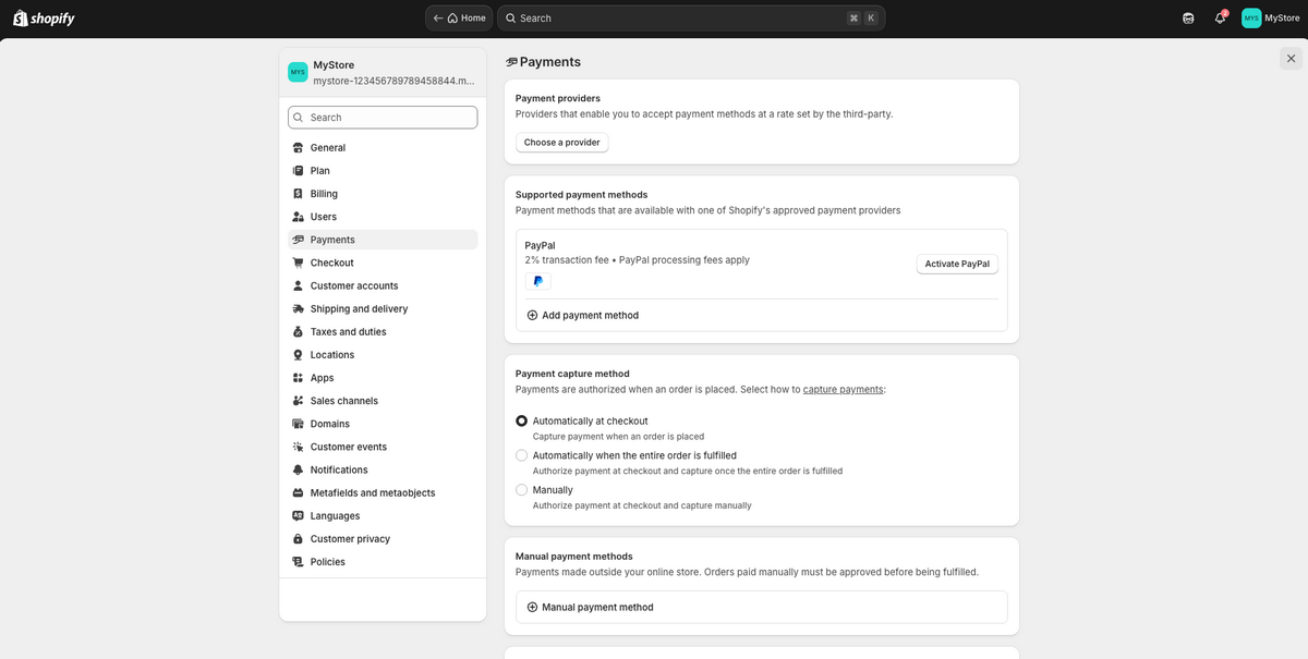 Shopify's payment settings