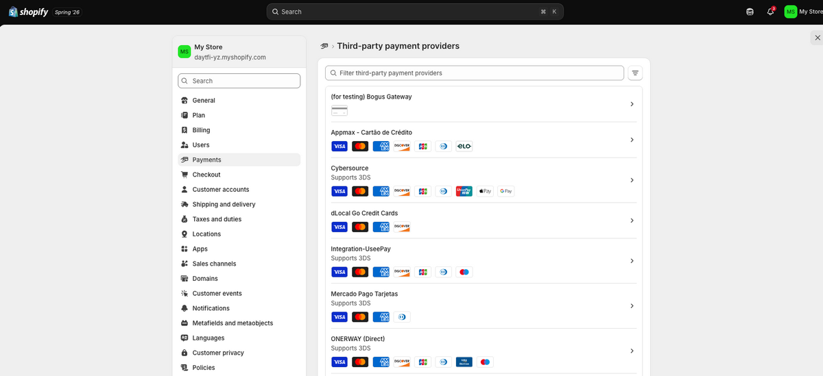Third-party payment providers on Shopify's payments settings