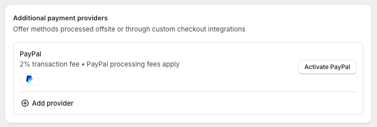 Additional payment providers on Shopify's payments settings