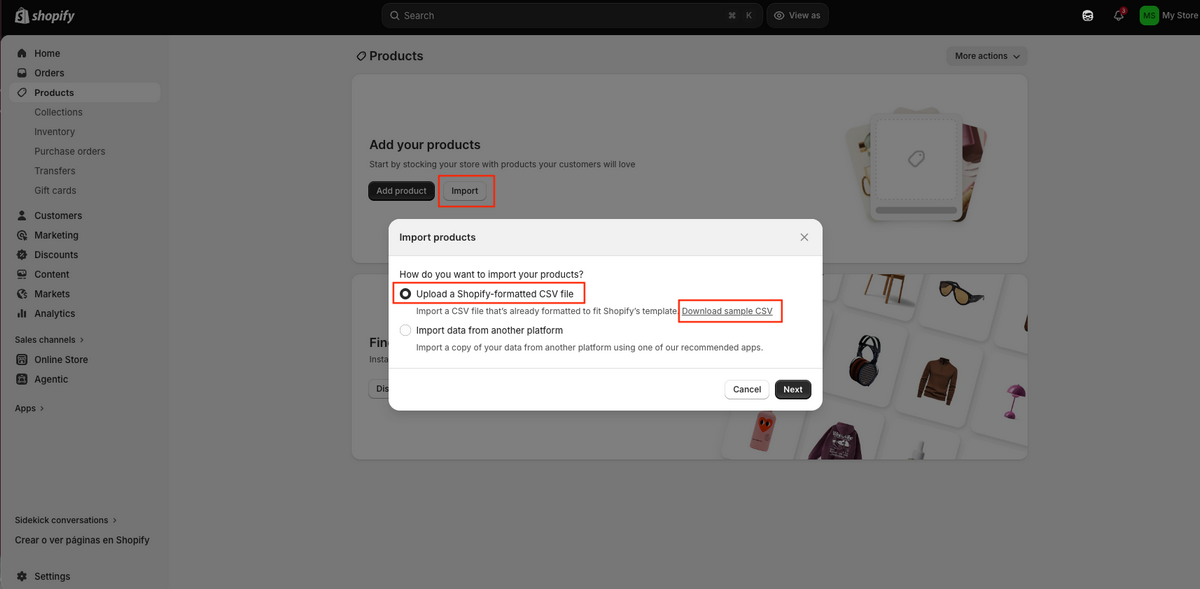 Import product CSV file to Shopify