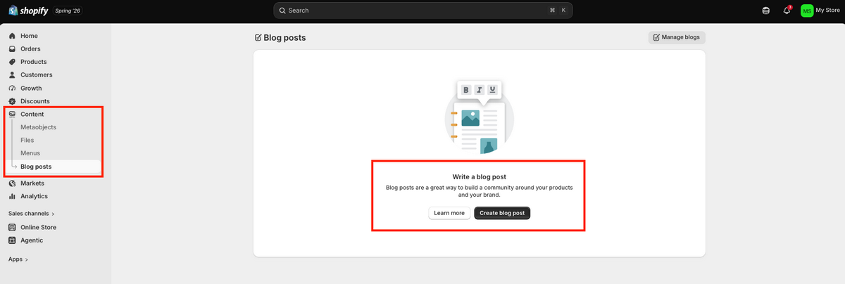 Shopify's blog settings