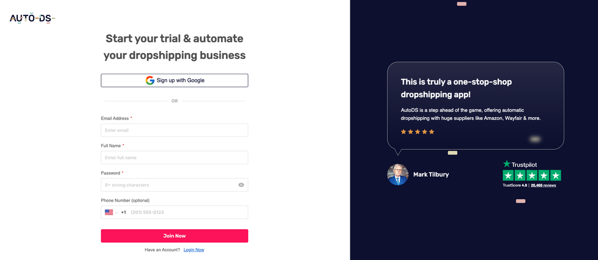Sign up for AutoDS for Shopify dropshipping