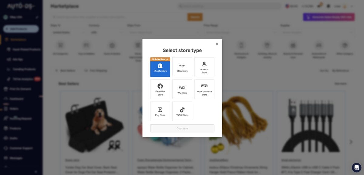 Add Shopify, eBay, and WooCommerce store to AutoDS to connect the Claude MCP connector