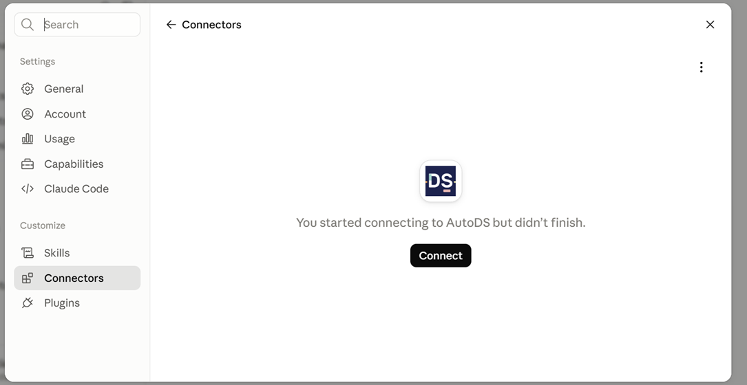 AutoDS Claude connector connection process