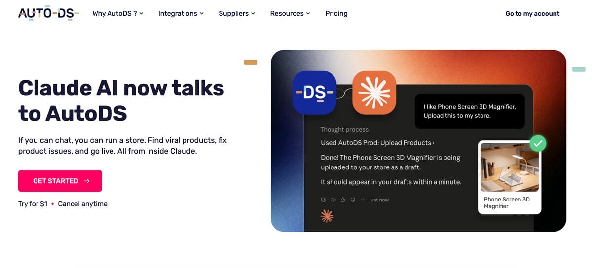 AutoDS Claude MPC page for AI agentic ecommerce