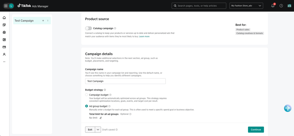 Set up TikTok Ad campaign information for dropshipping