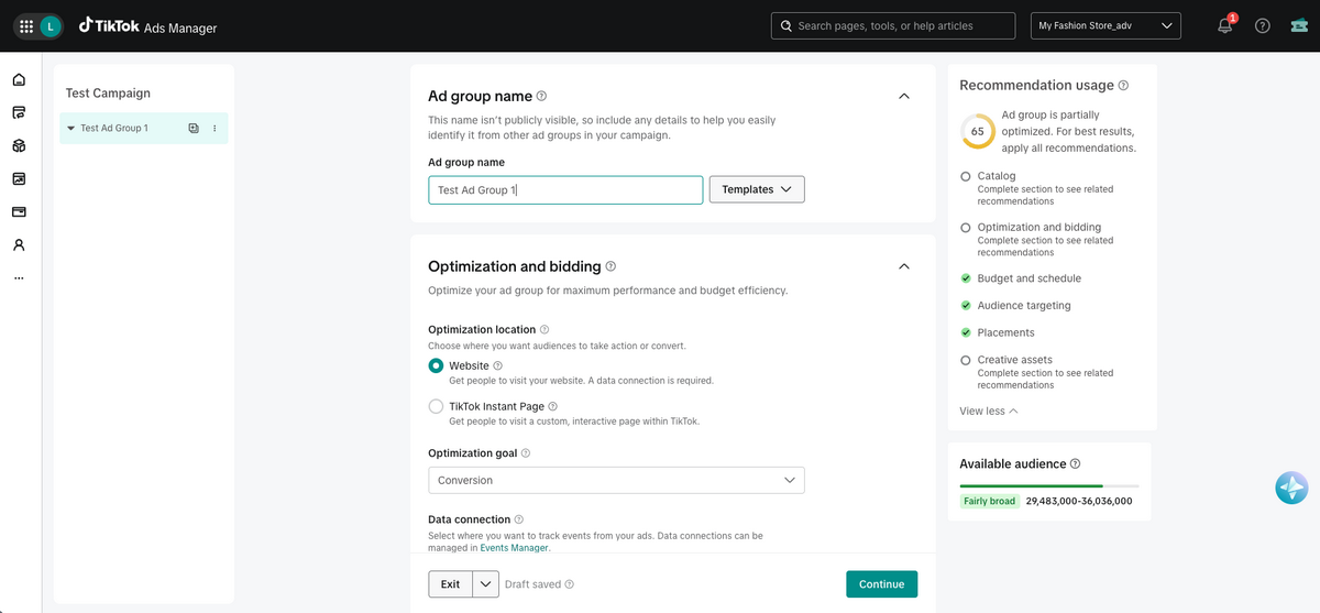 Set up TikTok ad group settings for dropshipping