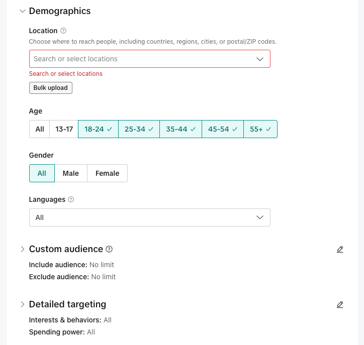 Set up TikTok Ad group target audience for dropshipping