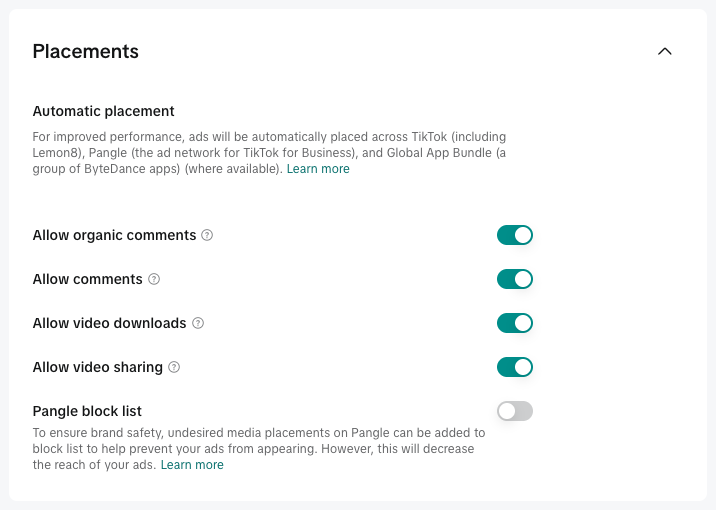 Set up TikTok Ad group placement for dropshipping