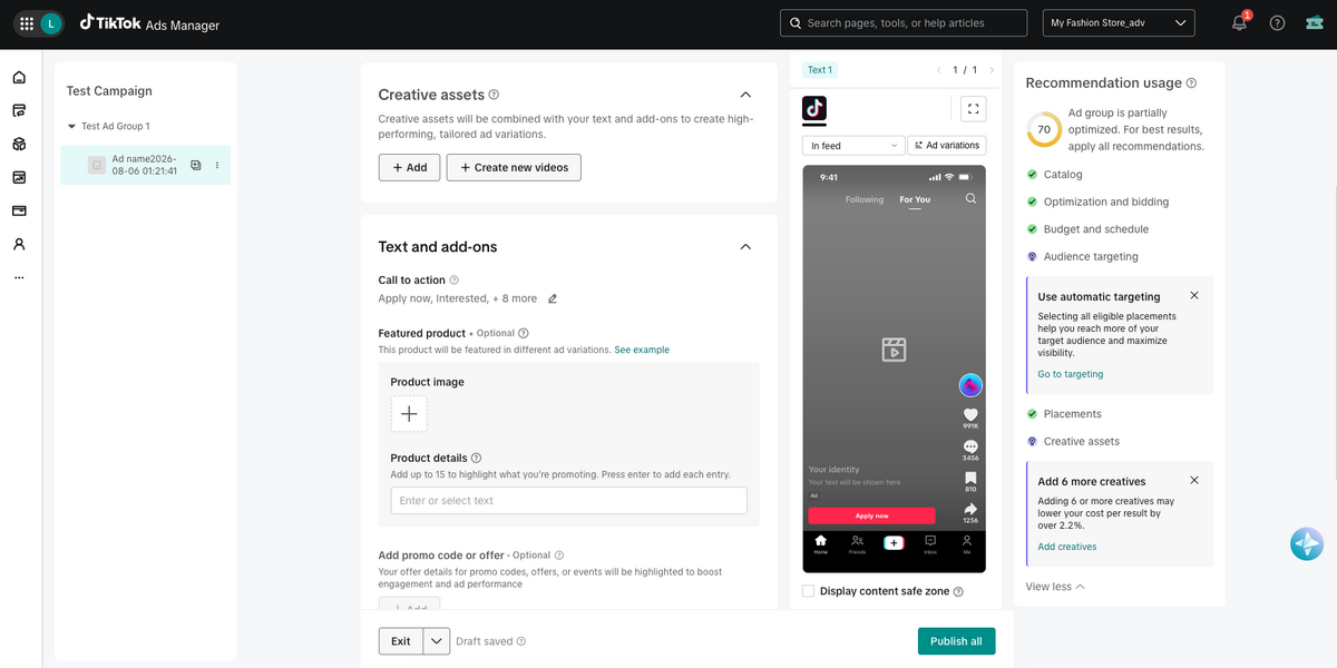 Set up TikTok Ad group creative assets for dropshipping