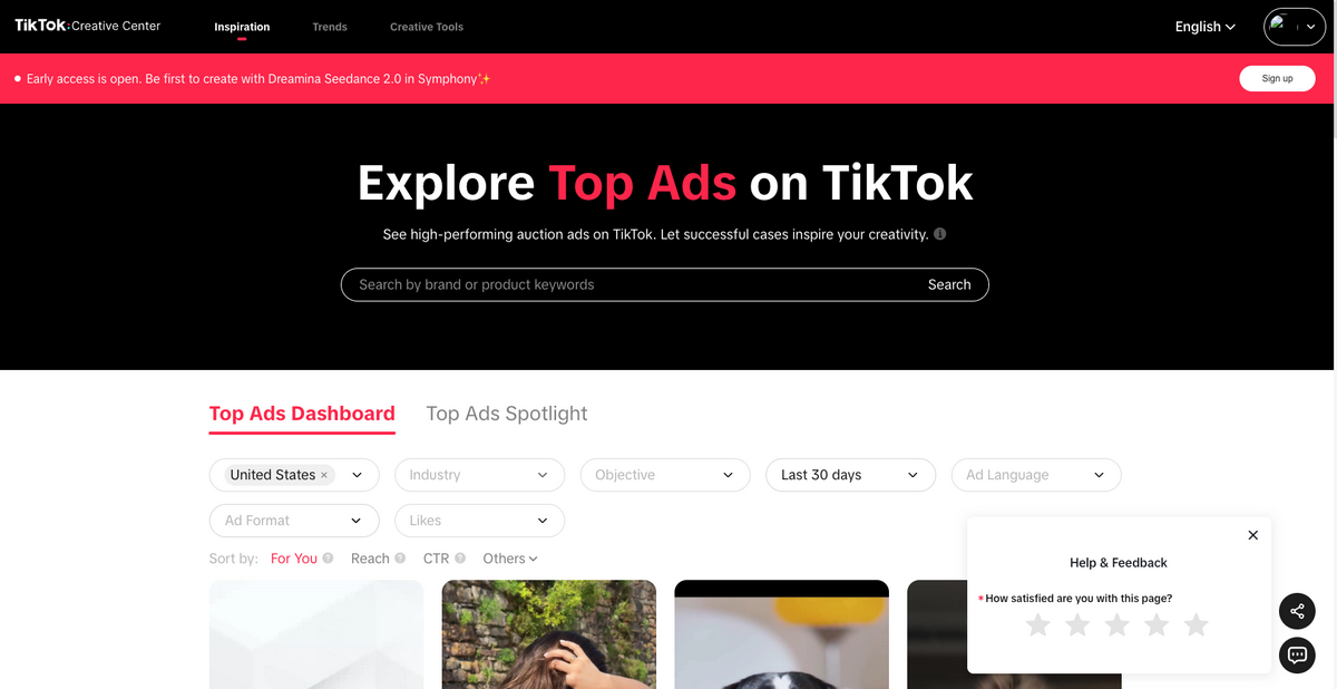 TikTok Creative Center's top ads