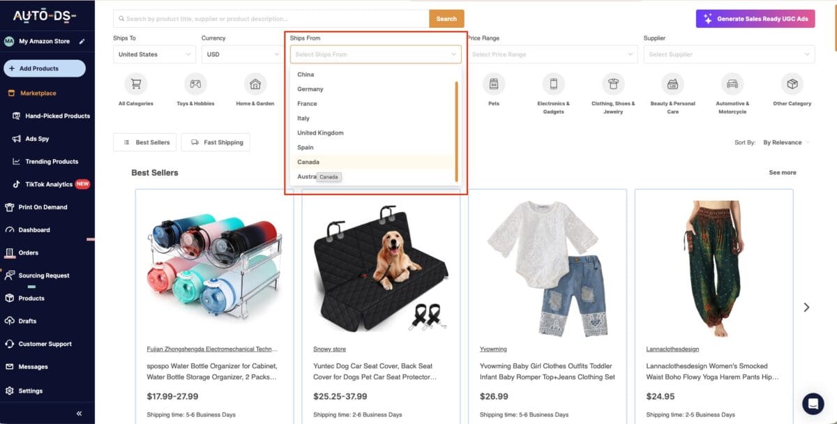 AutoDS marketplace for filtering Canadian dropshipping Suppliers only