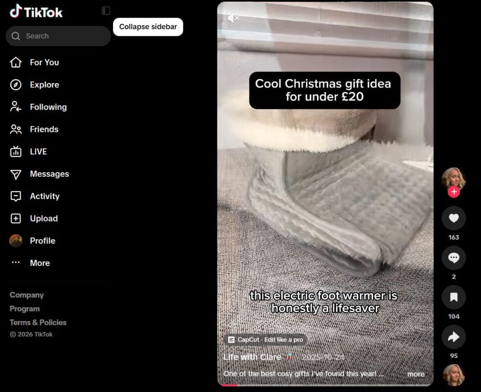 TikTok ad showing an electric foot warmer in use during a home office setup