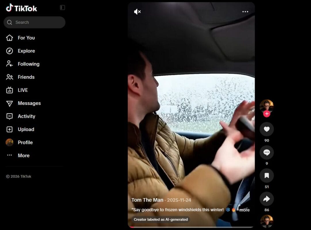 UGC-style TikTok ad demonstrating an electric windshield deicer on a car