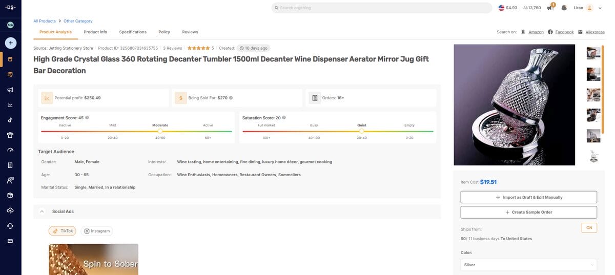 360-degree rotating crystal wine decanter, a best dropshipping product for September gifting season