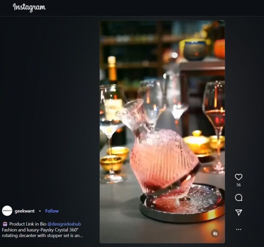 Instagram ad featuring a rotating wine decanter on a home bar