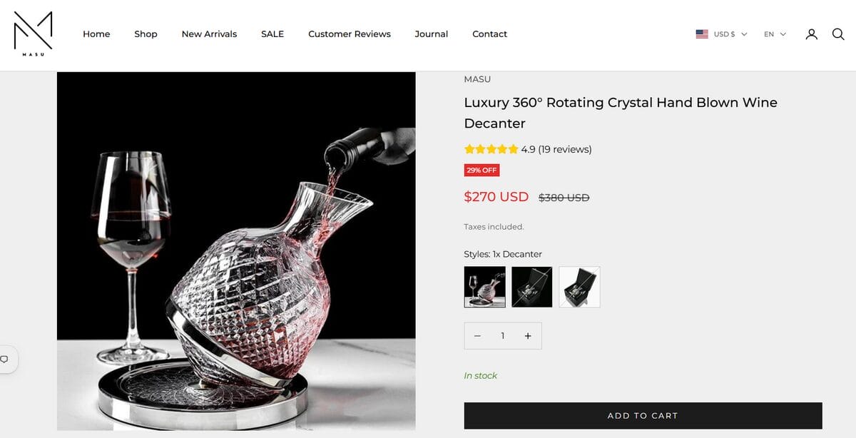 Seller website product page for a crystal rotating wine decanter