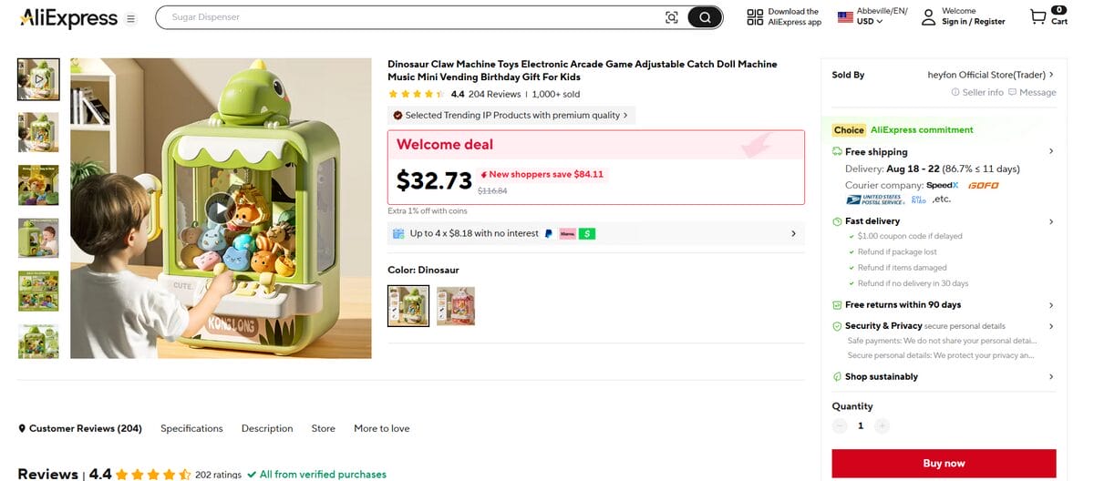 Dinosaur claw machine toy for kids, a best dropshipping product for September 2026